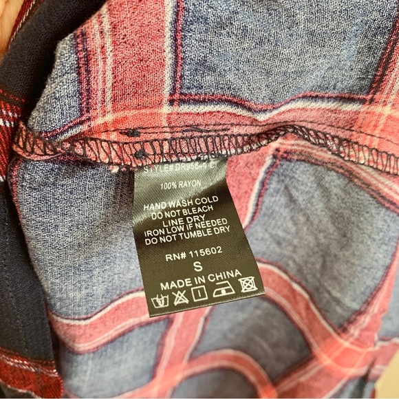 Navy Red Plaid Check Tie-Front Shirt Dress - Picture 11 of 12